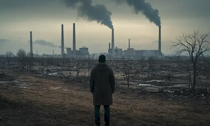 Un desierto desolado con árboles esqueletos, un cielo gris, y unos pocos edificios dispersos; una figura solitaria de una persona de pie en el borde, mirando hacia la distancia con una mezcla de tristeza y resignación; un brillo débil emanando de una pila de humo distante o planta de energía