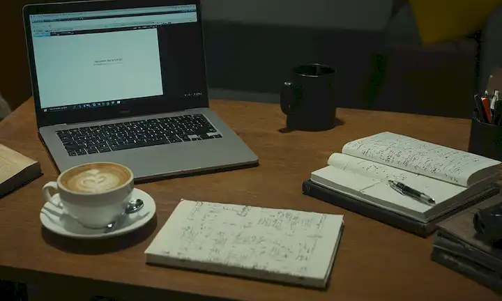 Pantalla portátil 2020s, libros de codificación, taza de café, escritorio de escritores, espacio de trabajo desordenado, bolígrafos, papeles