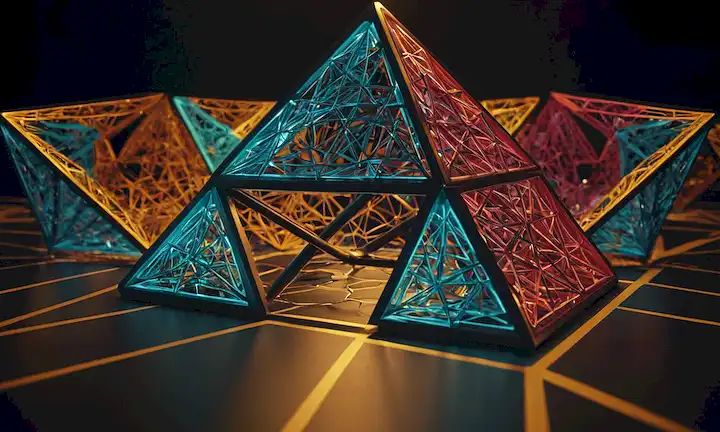 Forma geométrica 3D, estructura tetraedral, vértices numerados, bordes afilados y destacados, patrón intrincado, colores visbrant, fondo minimalista