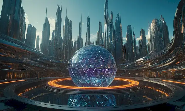 formas geométricas 3D, colores vibrantes, patrones giratorios, detalles intrincados, paisaje urbano futurista, orbe brillante, estructuras cristalinas, arte abstracto, conceptos matemáticos, sensación futurista