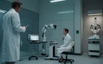 Un laboratorio futurista con un fondo ligeramente iluminado