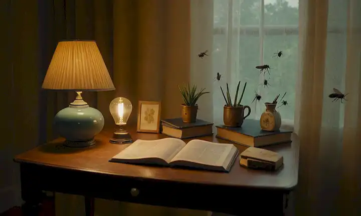 Una habitación cálida de oro con una sola lámpara de escritorio en el centro, rodeada de mosquitos y especies de polilla encaramadas en objetos cercanos, como libros, vasijas y cortinas, con un brillo sutil emanando de la lámpara
