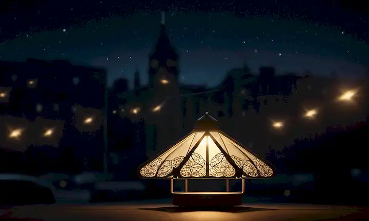 ilustración 3D de una luz de atracción fatal, lámpara brillante, polilla, mosquito, sombras, fondo oscuro, paisaje urbano, silueta, estrellas de gemela, brillo suave, ambiente atmosférico, escena nocturna, entorno urbano