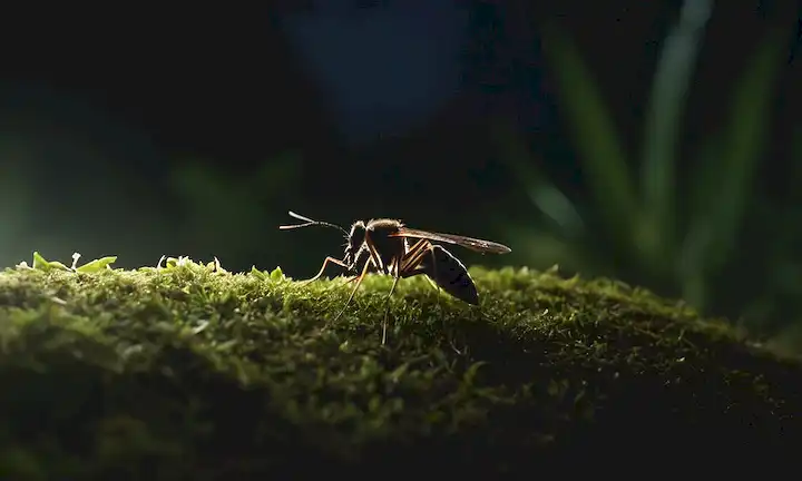 ilustración 3D, escena nocturna, fuente de luz brillante, mosquitos y polillas volando alrededor de ella, enfoque suave en cuerpos de insectos, fondo borroso con sombras oscuras, atmósfera lenceria