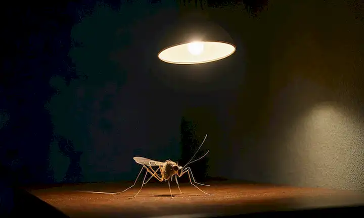 un oscuro, cielo nocturno sin luna, una sala iluminada con una lámpara de mesa, una curiosa polilla o mosquito que flota cerca de la fuente de luz, sombras arrojadas sobre las paredes