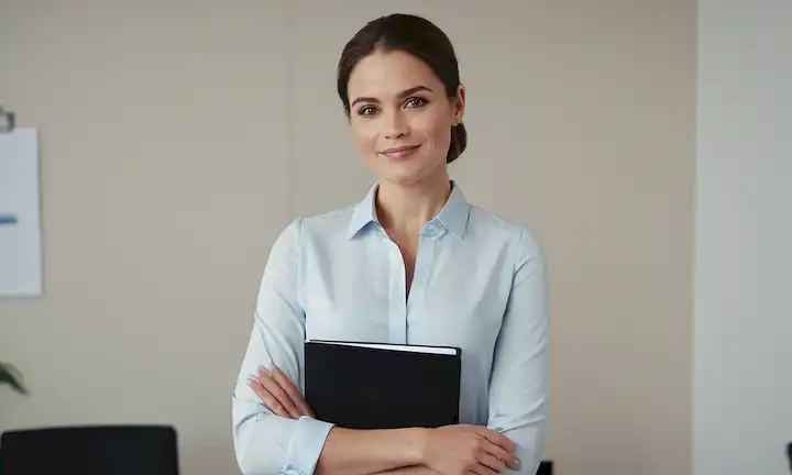 Una mujer con un atuendo profesional