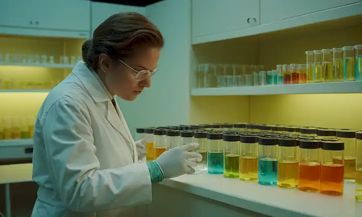 1980s configuración de laboratorio, hileras de platos petri que contienen microorganismos coloridos, científico en capa blanca observando cuidadosamente un tubo de prueba, fondo con esbozos débiles de estanterías y maquinaria, iluminación amarilla cálida, cristalería y calzoncillos en el equipo de trabajo, futurista acolchado en la esquina, instrumentos científicos arreglados cuidadosamente