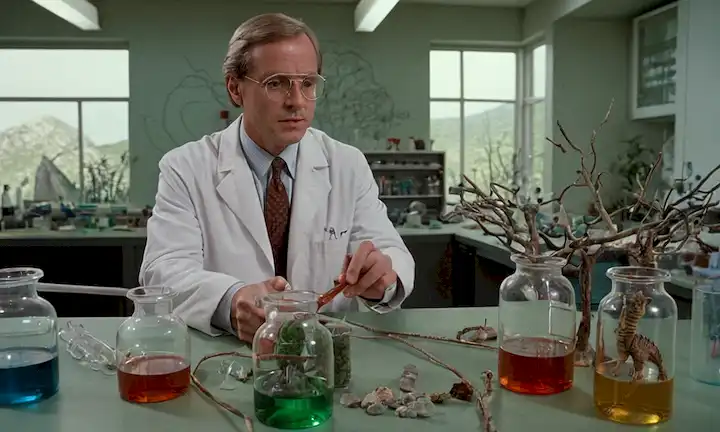 1980 escena de laboratorio, tubos de ensayo, microscopios, platos Petri, científico en capa blanca, diagramas evolutivos, estructuras moleculares, sopa primordial, superficie de las Tierras, erupción volcánica, fósiles de dinosaurios, diversidad de especies, ramas divididas