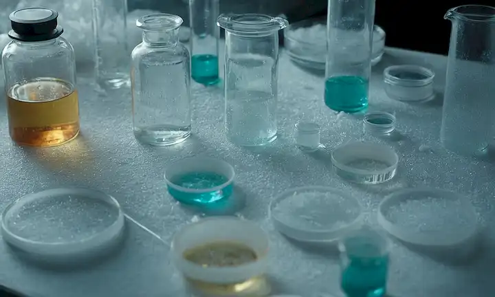 Fregantes platos de petri, fondo helado, microorganismos dispersos, vidrio de aumento, científicos en abrigos de laboratorio, equipo vintage, pipetas, toboganes de microscopio, calzoncillos, tubos de ensayo, entorno de laboratorio espeso, investigadores curiosos, elementos de diseño interior inspirados en los 80