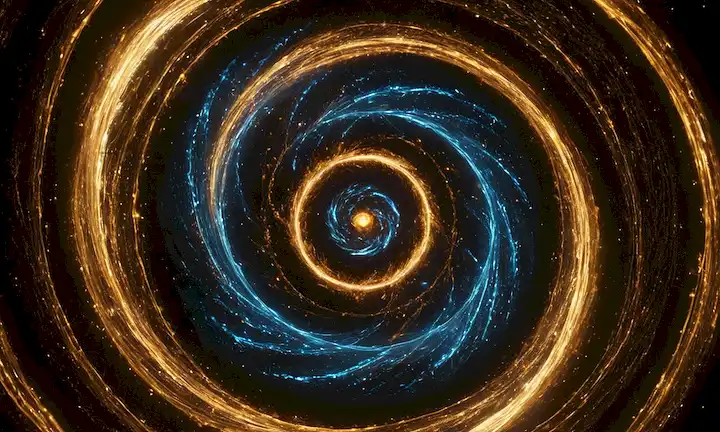 Un vórtice giratorio, partículas giratorias, sombras bailantes, wisps etéreos, hilos entrelazados, orbes brillantes, auras radiantes, energías místicas, círculos interconectados, conexiones cósmicas