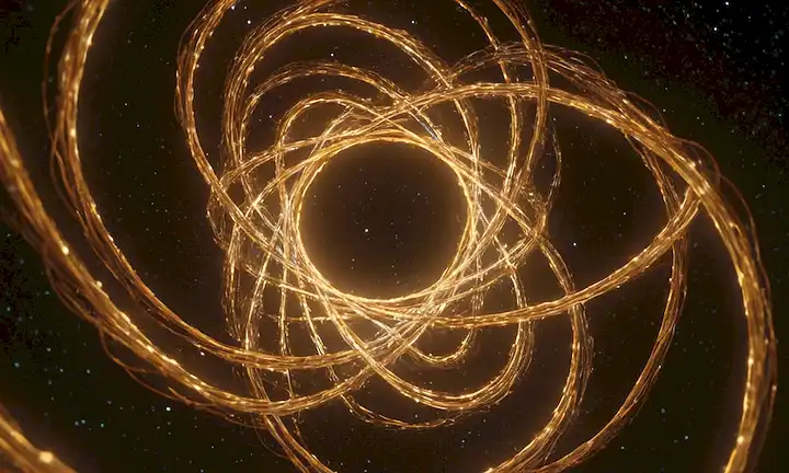 Estructura 3D, vórtice giratoria, hilos enlazados, orbs brillantes, tendriles brillantes, esferas celestiales, curvas de fluidos, nodos interconectados, filamentos etéreos, vías luminosas