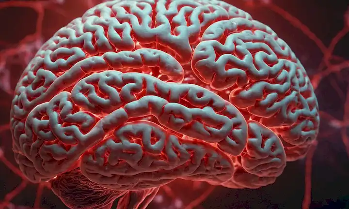 Escaneo cerebral 3D con áreas afectadas de Alzheimer resaltadas en hilos rojos y delicados de ADN girando alrededor de él, algunas piezas de rompecabezas dispersadas cerca, un resplandor débil emanando del centro de cerebros, ondas sutiles o ondas en el fondo que sugiere la actividad cerebral