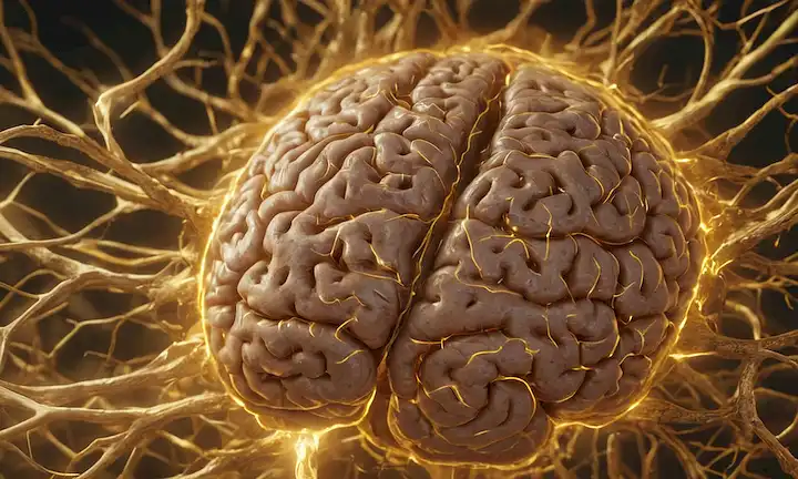 Escaneo cerebral 3D con neuronas fragmentadas, nubes giratorias de placas beta-amiloideas, sinapsis brillantes y un brillo dorado sutil que rodea la corteza cerebral