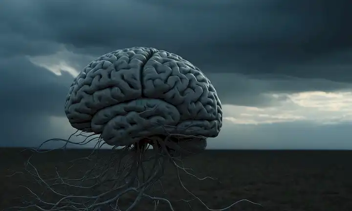Escaneo cerebral 3D, neuronas que se marchitan, nubes oscuras que se reúnen, frágiles hilos que conectan células, destellos de memoria débil, figura sombría acechando en el fondo, susurros que hacen eco a través de la mente, y un brillo sutil que insinúa esperanza