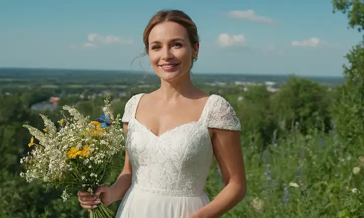 mujer en sus años cuarenta con una cálida sonrisa, de pie en medio de una exuberante vegetación, sosteniendo un ramo de flores silvestres, usando un vestido blanco con hojas bordadas, contra un cielo azul con nubes blancas, con un paisaje urbano débil en la distancia, y rodeado de mariposas y abejas alrededor