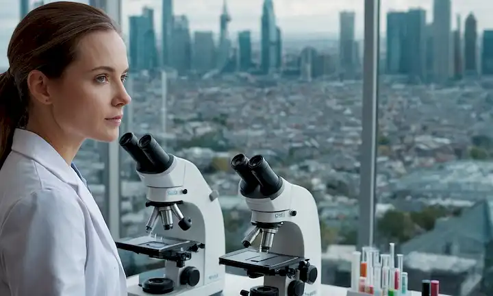 Una mujer en un abrigo de laboratorio médico se encuentra junto a un microscopio, con un paisaje urbano borroso en el fondo, rodeado de células flotantes, cromosomas y cálices de ADN