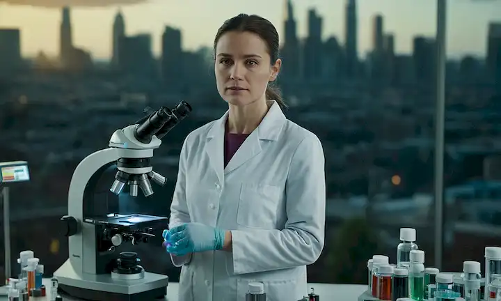 Una mujer en una capa de laboratorio se encuentra cerca de un microscopio, con un paisaje urbano en el fondo; está rodeada de diversos tubos y platos Petri llenos de líquidos y células; hay sensores de calidad del aire y dispositivos de monitoreo cercanos; un brillo sutil representa el concepto de lucha contra el cáncer