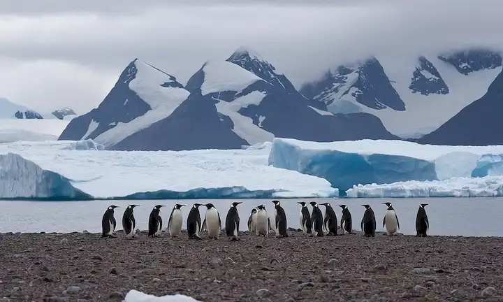 Pingüinos en el paisaje antártico, iceberg en el fondo, montañas cubiertas de nieve, cielo azul con nubes, Adelie, Chinstrap, especies de Gentoo en la vista