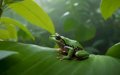 Un exuberante bosque lluvioso con una rana sentada sobre una hoja