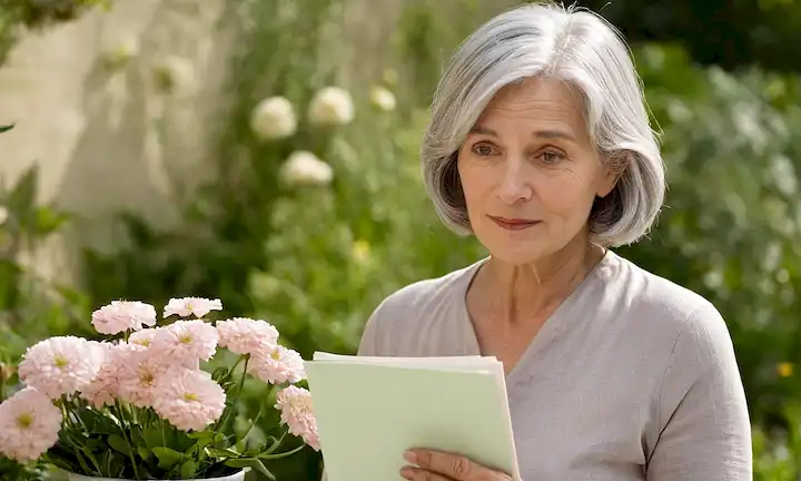 Mujer de 55 años con pelo gris y arrugas en su cara, sosteniendo un archivo médico, rodeado de flores y plantas que simbolizan el crecimiento y la feminidad, suave luz y suaves colores para transmitir un sentido de serenidad