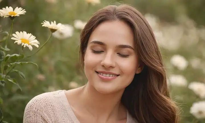 Una mujer con piel sana, sonriente, ojos cerrados, relajado, entorno natural, flores, luz suave, curvas suaves, cabello fluyente, paleta de color sutil