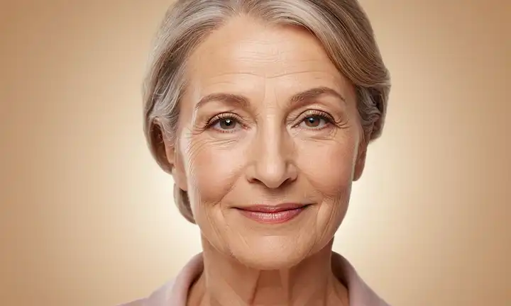 3D ilustración de una mujer madura cara con arrugas suaves, sonrisa sutil y ojos sabios, rodeado de líneas suaves y curvas que sugieren cambios relacionados con la edad; en el fondo, un sutil gradiente de colores evocando un sentido del paso del tiempo, como beige cálido y mauve hues