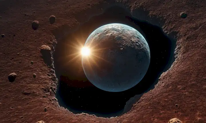 ilustración 3D del cráter de asteroides, atmósfera terrestre primordial con sol temprano, microorganismos simples como procariotas y arqueas, restos fósiles de células antiguas, estructuras moleculares del ARN/DNA, proceso de formación planetaria, terreno rocoso con presencia de agua