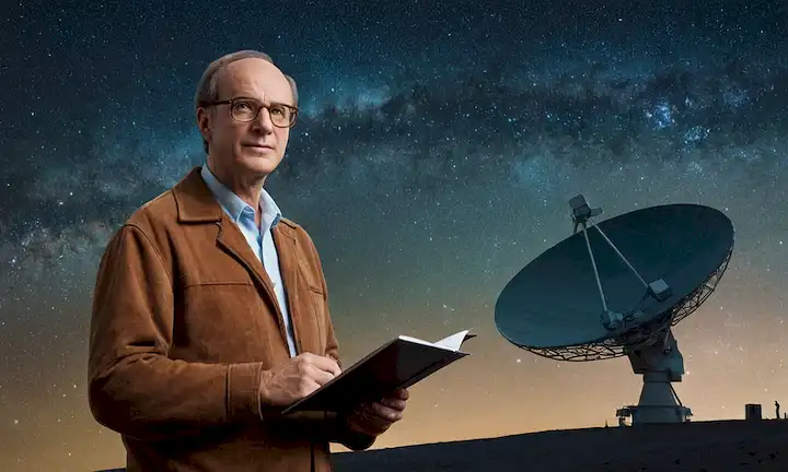 ilustración del estilo de 1970 de un científico, probablemente Arno Penzias, de pie frente a un enorme plato satélite con un ligero resplandor de fondo, rodeado de estrellas y galaxias, usando gafas y sosteniendo un pequeño cuaderno y pluma, con un sutil toque de ondas cósmicas y señales de radio que emanan del plato