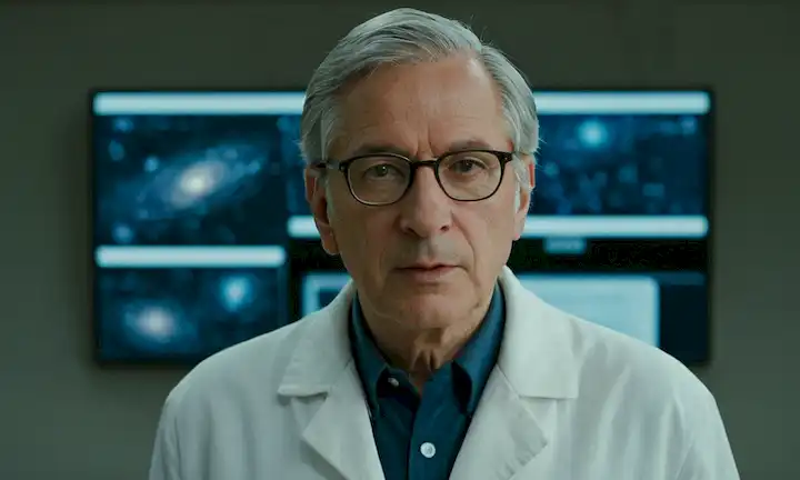 Hombre de 75 años con pelo gris y lentes, usando un abrigo de laboratorio blanco, mirando directamente a la cámara; medalla del Premio Nobel alrededor del cuello; fondo con débil brillo de estrellas o galaxias; sutil insinuación de patrones de onda cósmica en tela; expresión calmada y contemplativa en la cara; insinuación de nostalgia o reminiscencia