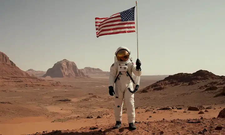 Un retrato de Victor Glover en traje de astronauta, paisaje de Marte en el fondo, silueta de cohete o nave espacial, bandera americana, casco espacial, mano guapada en terreno marciano
