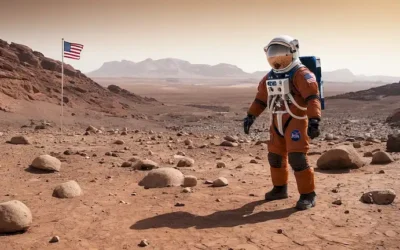Space suit-wearing astronaut Victor Glover de pie en terreno marciano