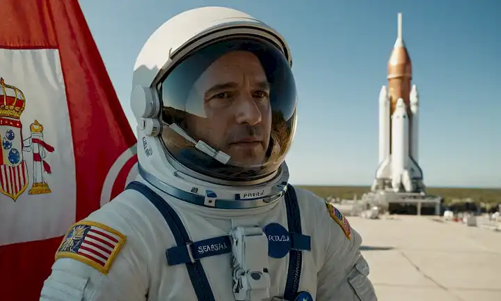 Traje espacial usado por el astronauta, Pablo Álvarez, con parche de bandera española, de pie delante, cohete barco en el lanzamiento, luz solar brillante, sombra, silueta y estrellas en el fondo, Tierra visible a través de la ventana, expresión orgullosa