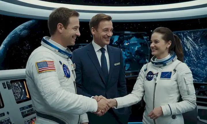 3 agencias espaciales europeas logos, astronautas sonrientes en trajes elegantes, un panel de control de naves espaciales, estrellas y planetas en el fondo, astronauta Handhake