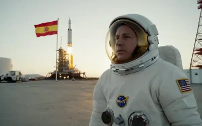 astronauta usando traje blanco con mancha de bandera de España en la manga