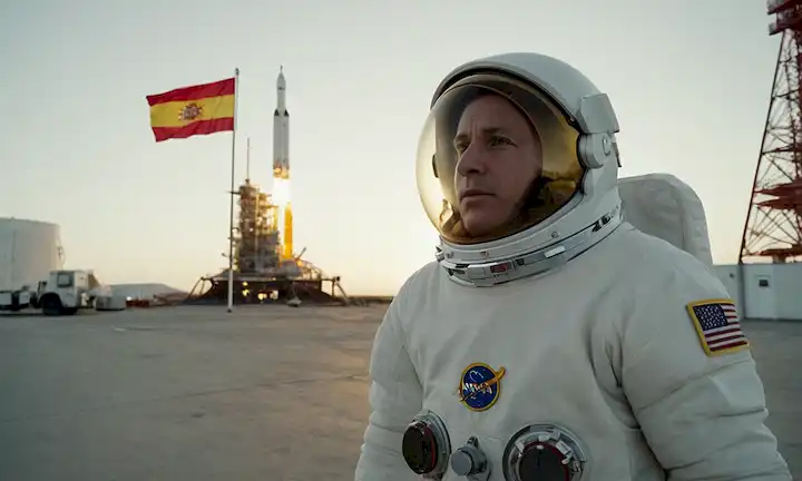 astronauta usando traje blanco con mancha de bandera de España en la manga