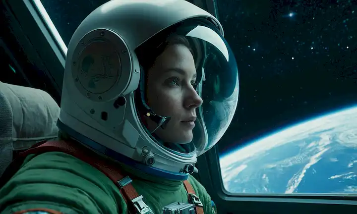 Figura de traje espacial en una cabina de nave espacial, mirando hacia fuera el vasto planeta azul-verde Tierra; los astronautas se enfrentan iluminados por el brillo suave; objetos flotantes e instrumentos en el fondo; vista de ventana estrellada; composición dinámica con sentido de movimiento