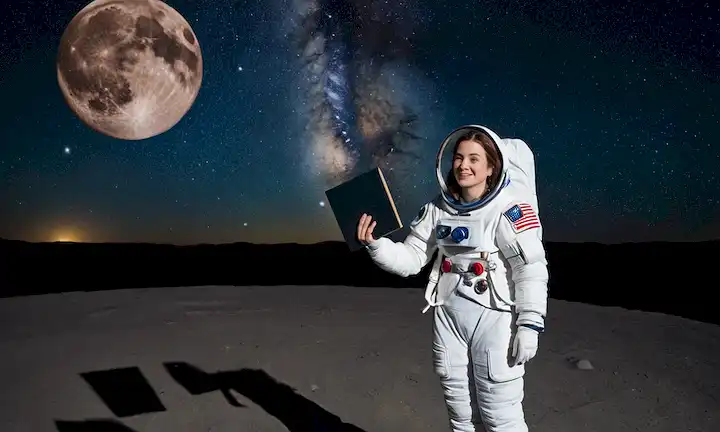 Una persona en un traje con una sonrisa, flotando cerca de un planeta o luna, rodeada de estrellas y galaxias, llevando una gorra de graduación y una bata, sosteniendo un diploma y un casco espacial, de pie en una pequeña plataforma o piedra pisando, mirando hacia arriba la inmensidad del espacio, con un sutil sentido de alegría y logro