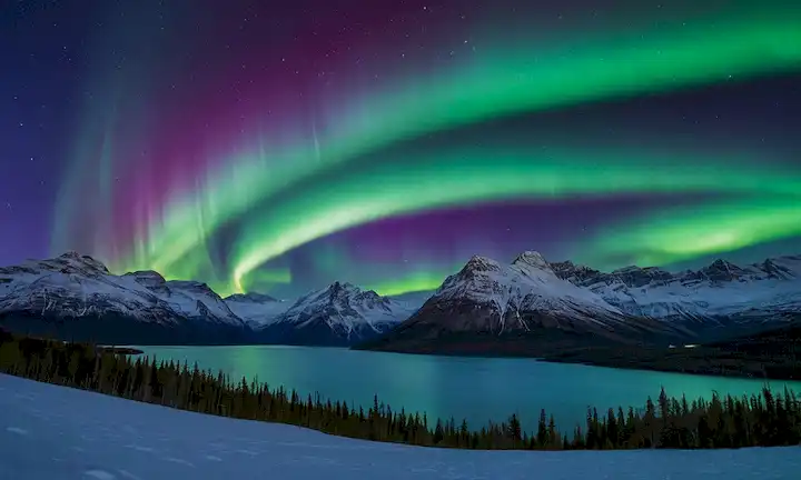 Luces polares aurora borealis de 360 grados bailando en cielo oscuro
