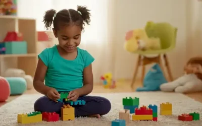 Un niño feliz rodeado de juguetes y bloques coloridos