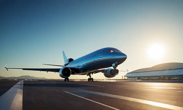 3D rendering, futuristic airport, plano despegando, cielo azul sin nubes, diseño elegante, forma aerodinámica, puntas de ala, motores brillantes, boom sonoro sutil, suave ascenso, iluminación del amanecer, detalles de alta tecnología, superficie metálica, piscina de reflexión, pista de aterrizaje en el fondo, entorno borroso