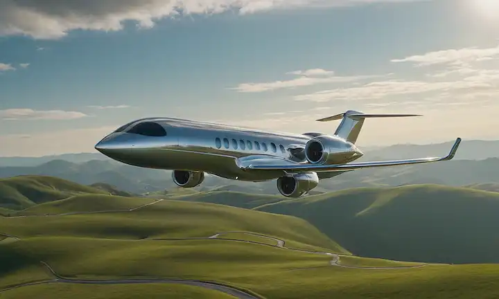 Un plano elegante y futurista en el aire medio, con un esquema de plata y color gris, volando bajo sobre un paisaje de colinas rodantes y vastos cielos, sol que brilla, nubes esparcidas a través del horizonte, y un sendero de vapor de agua condensado que forma detrás de él