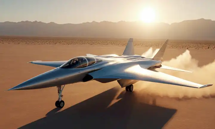 3D rendering of a supersonic aircraft fly over a desert landscape, sunlight bright from behind, sleek and modern design, engines producing minimal noise trails, borroso background to emphasize the aircraft speed, a trail of clear air following the plano to indicate its quiet flight capacity