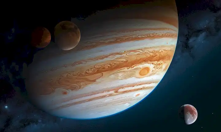 Un fondo azul vibrante y giratorio que representa la atmósfera de Júpiters
