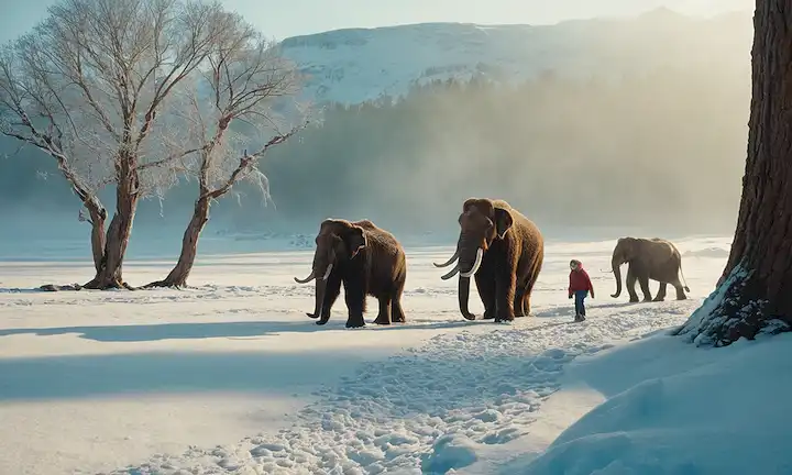 mamuts de edad de hielo surgiendo de un paisaje nevado
