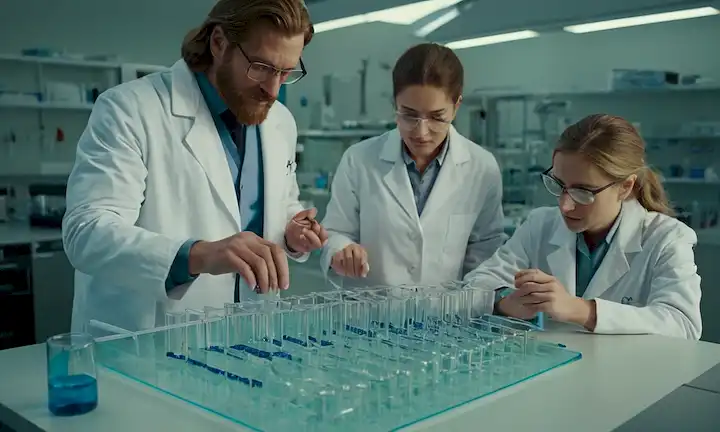 mamuts de edad de hielo con cálices de ADN brillantes, científicos en capas de laboratorio analizando genomas, sintetizando genes en una mesa, modelos de doble helix de ADN, estructuras moleculares, platos petri con células crecientes, toboganes de microscopio, tubos de prueba con líquidos de color