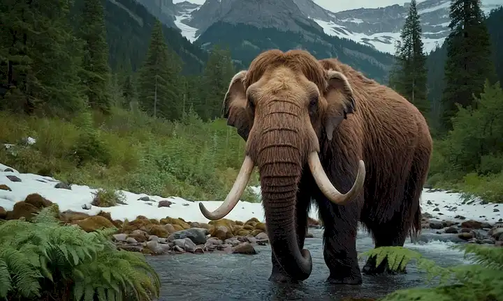 Un majestuoso mamut que vaga por un bosque exuberante, montañas cubiertas de nieve en el fondo, un sutil resplandor en su piel, un suave arroyo que corre al lado, con unos pocos árboles y helechos torrentes dispersos