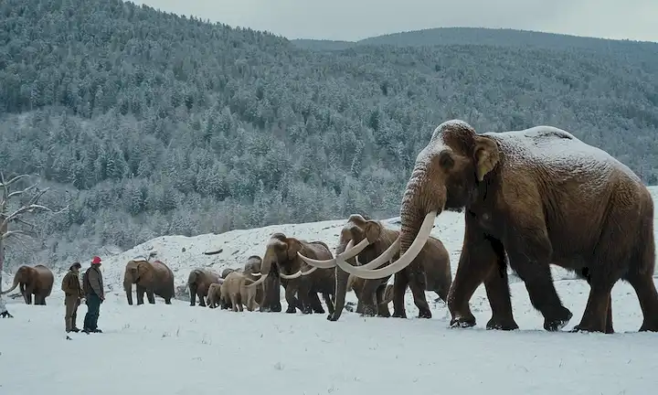 Hoja de mamut en bosque cubierto de nieve, lugar de excavación de Ben Lamms en fondo, paleontólogos que examinan fósiles, mamuts lanudos que recorren libre, paisaje antiguo con árboles y colinas