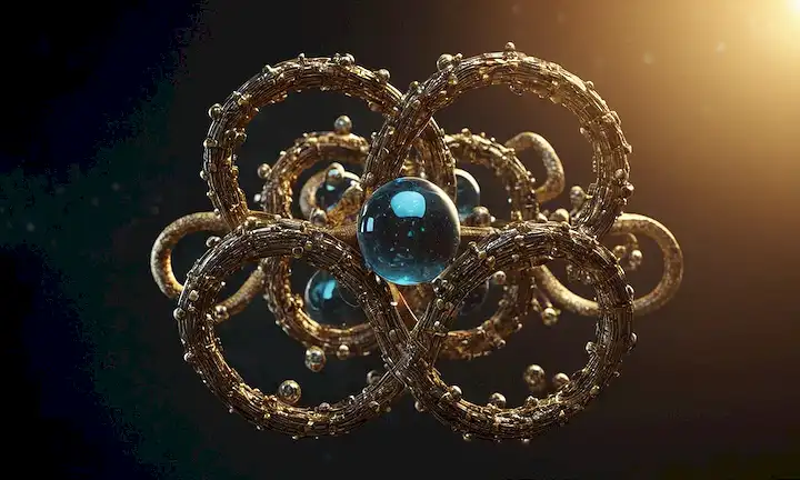 Anillo de Benzene con átomos como bolas, serpientes envueltas alrededor, átomos de carbono conectados a anillos, bonos moleculares formando una corona, estructura de molécula orgánica, antiguo estilo de ilustración de inspiración griega