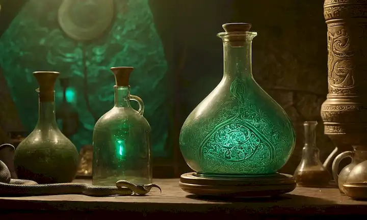 Conjunto de laboratorio del siglo XIX, frasco con benceno, forma de serpiente curvada, moléculas de agitación, resplandor verdoso, antiguo fondo de inspiración egipcia, unión simbólica de química y misticismo
