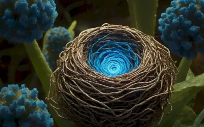 Una ilustración estilizada de un nido de avispas con roscas azules brillantes